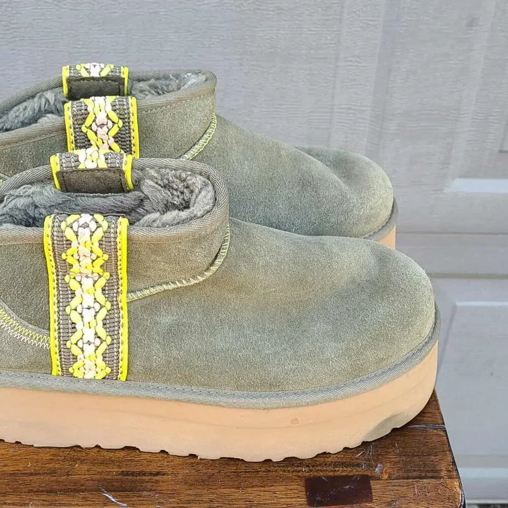 UGG Platform Tsman Braid Ultra Mini Suede shearling Lined Boots size 10 in Olive